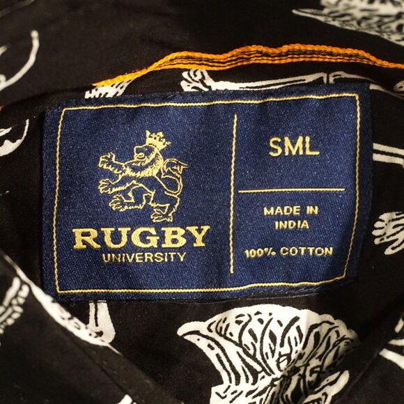 Rugby University Black Button Up Shirt with White Skeleton Pattern Men’s Small - Picture 4 of 4